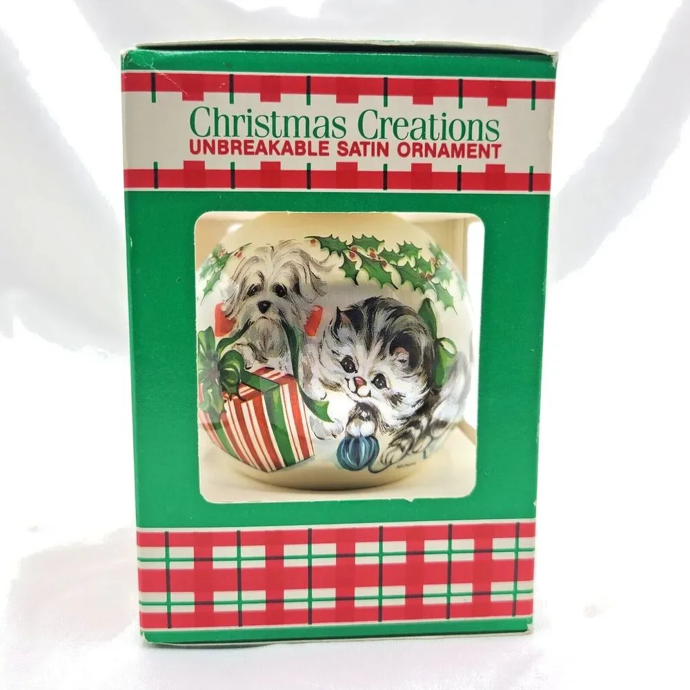 Vintage Christmas Cat Dog Ornament Satin Ball Kitsch Retro Gift Kitty Puppy Cute